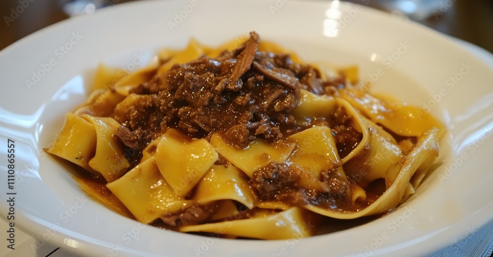 Pappardelle Pasta with Wild Boar Sauce. AI generated illustration. Pappardelle Pasta with Wild Boar Sauce. AI generated illustration.