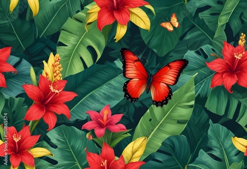 Tropical exotic pattern with animal and flowers in bright colors and lush vegetationn