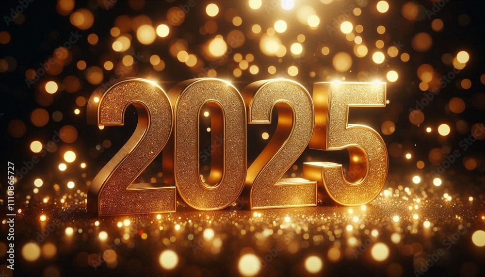 Golden glittery '2025' numbers surrounded by festive bokeh lights, celebrating the New Year Golden glittery '2025' numbers surrounded by festive bokeh lights, celebrating the New Year