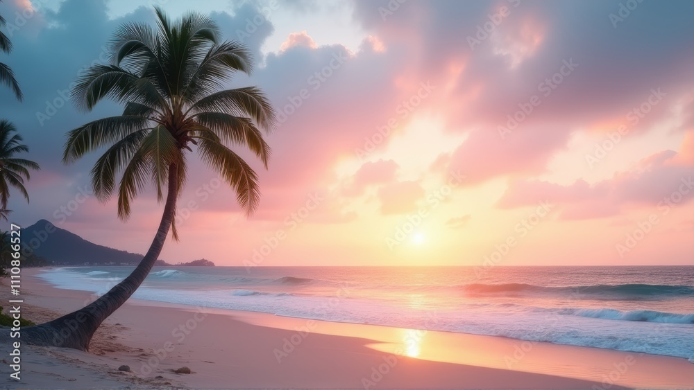 Peaceful Sunset on Tropical Beach with Palm Tree Peaceful Sunset on Tropical Beach with Palm Tree