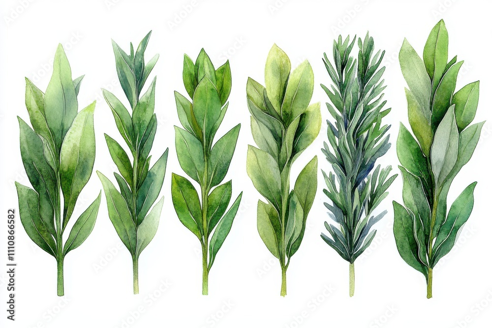Obraz premium A watercolor illustration of various green leaves arranged in a row.