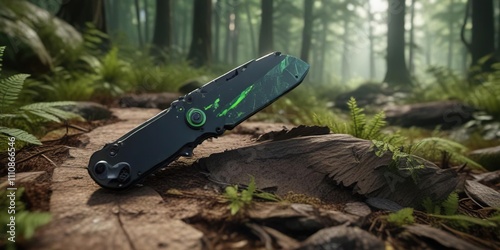 A black pocket knife with green accents lies open on a forest floor , foliage, whittling photo