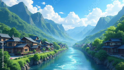 Serene Asian Village nestled in a Mountain Valley