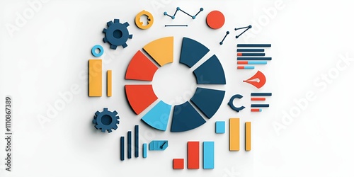A colorful pie chart surrounded by various data visualization elements, representing analytics and statistics in a modern design.