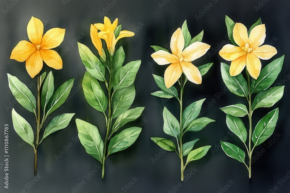 Obraz premium Illustration of four yellow flowers with green leaves on a dark background.