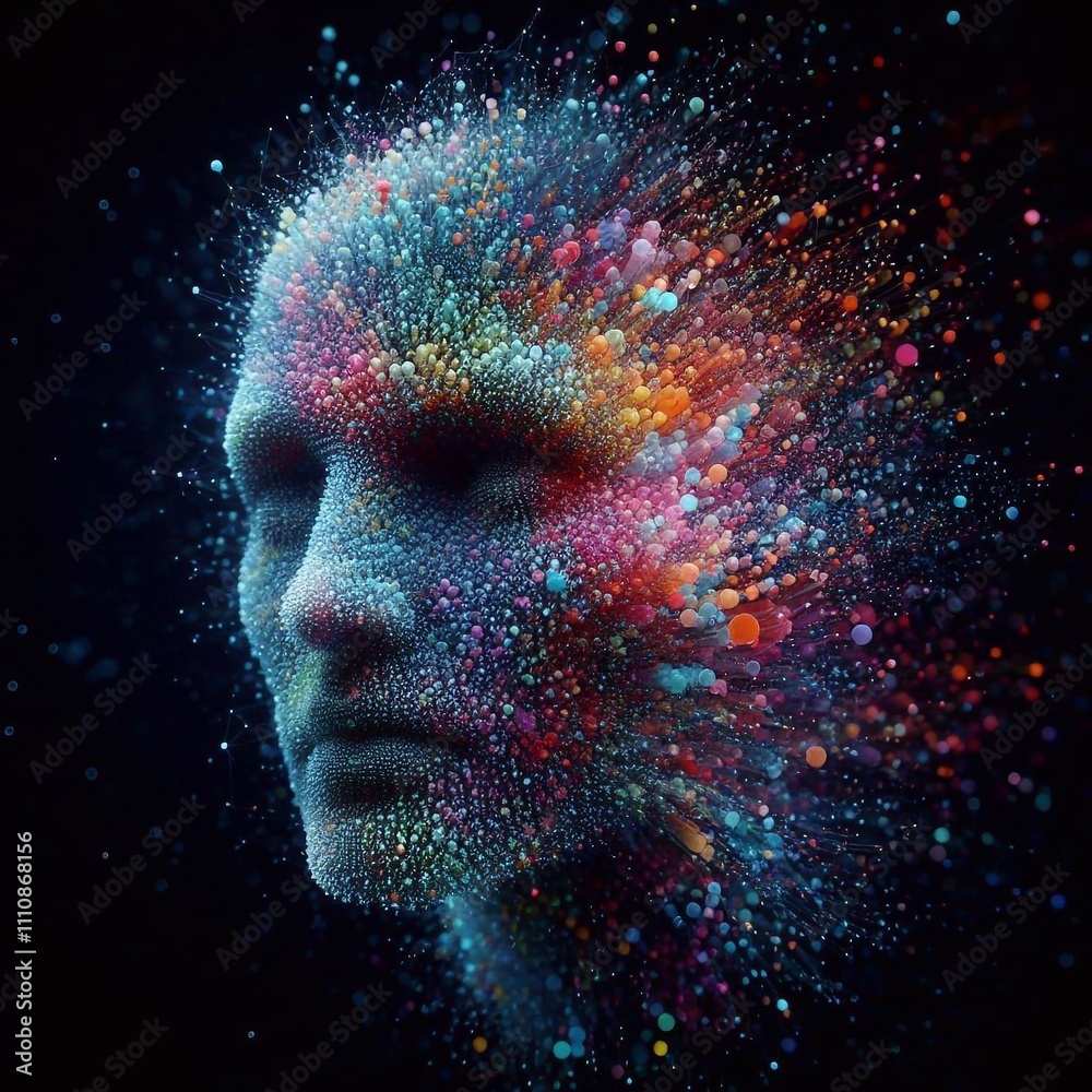 Fototapeta premium Human face dissolving into colorful particles, symbolizing the fusion of humanity and technology