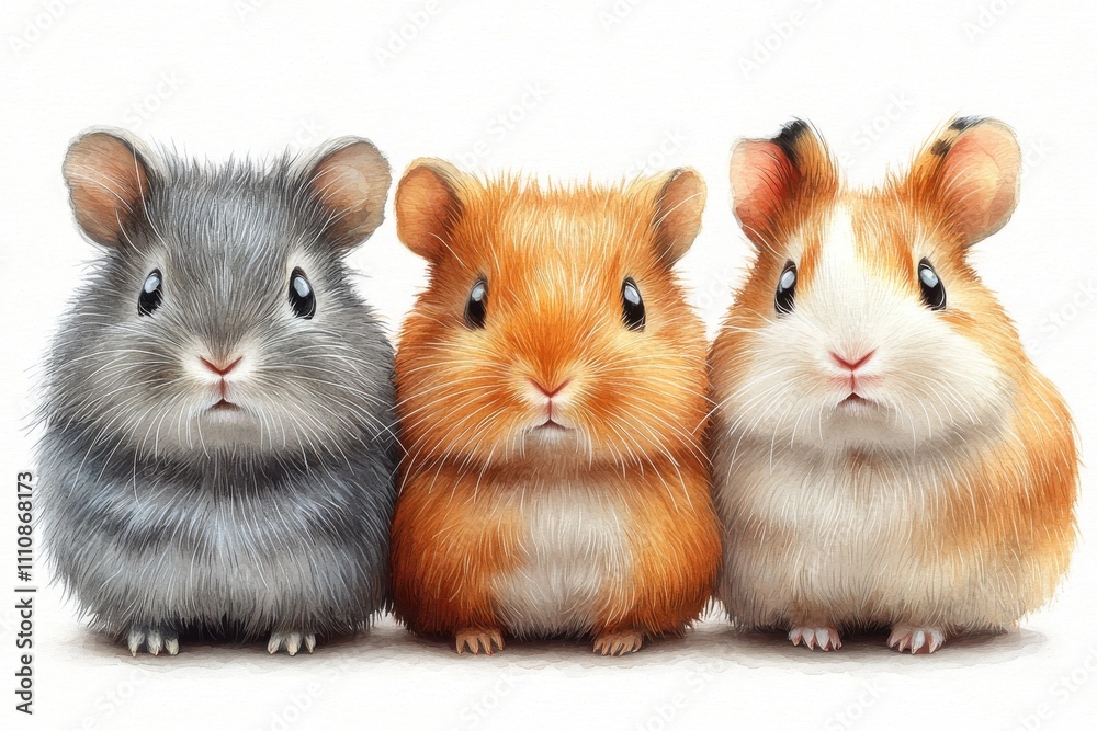 Obraz premium Three adorable guinea pigs with fluffy fur, showcasing their cute expressions.