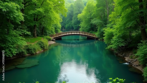 Serene Wooden Bridge Over Teal Pond in Lush Green Forest