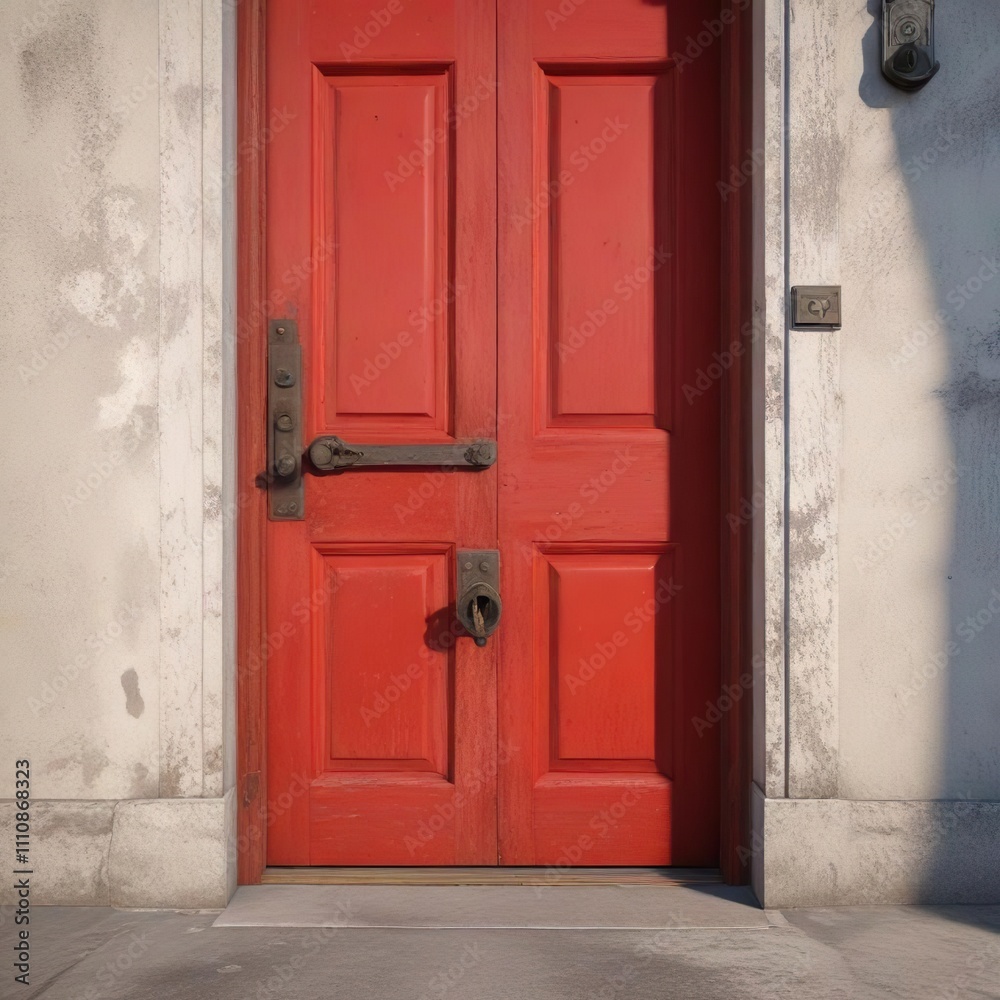 A bright red door with a rusty lock is open, revealing a glimpse of sunlight filtering through the doorway, doorway, rusty lock, archway A bright red door with a rusty lock is open, revealing a glimpse of sunlight filtering through the doorway, doorway, rusty lock, archway