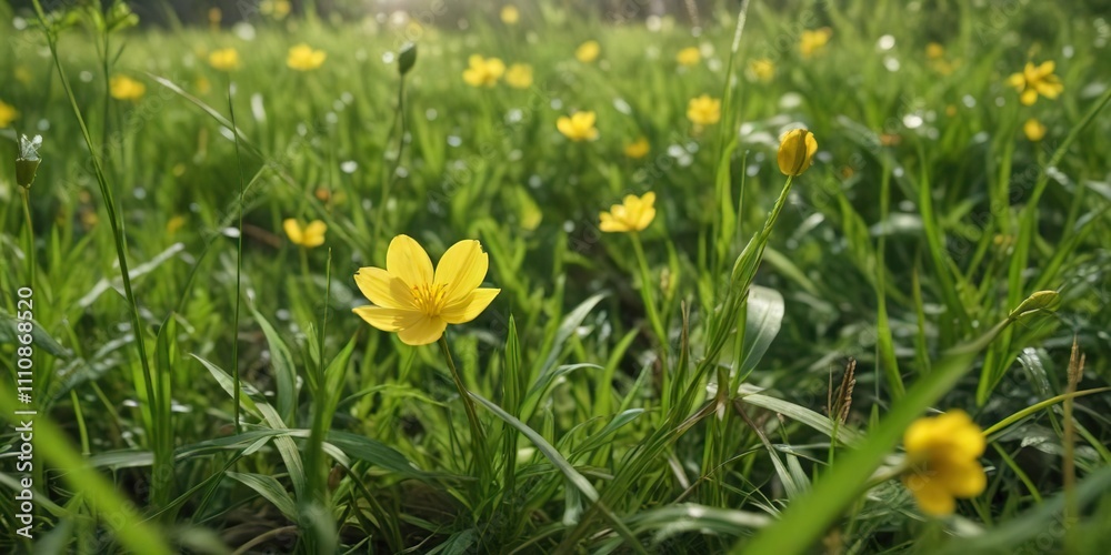 Obraz premium A bright yellow buttercup peeking through the blades of grass in a lush meadow, landscape, meadow