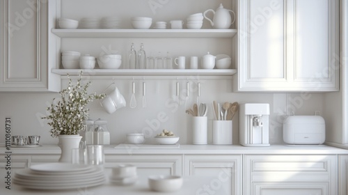 Serene White Kitchen: Minimalist Design with Blooming Flowers