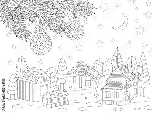 A coloring book page for adults and children, a night snowy town under pine branches decorated with Christmas glass balls. winter cityscape