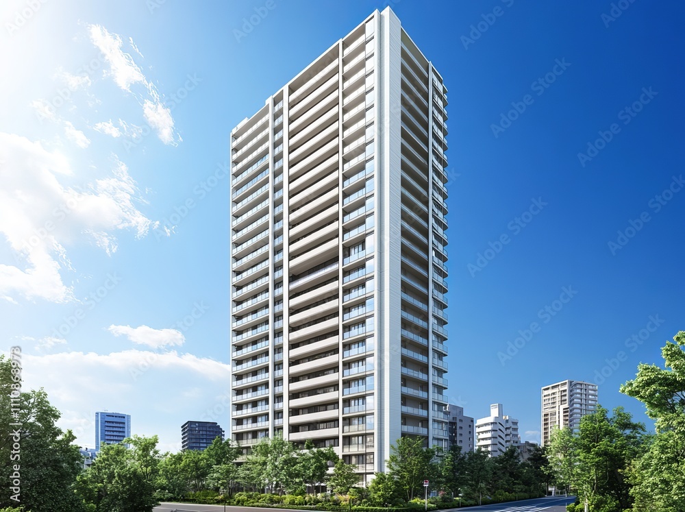 A high-quality photo of a modern, high-rise apartment office building and architecture, featuring balconies against a bright blue sky with white clouds and greenery on its balconies. A high-quality photo of a modern, high-rise apartment office building and architecture, featuring balconies against a bright blue sky with white clouds and greenery on its balconies.