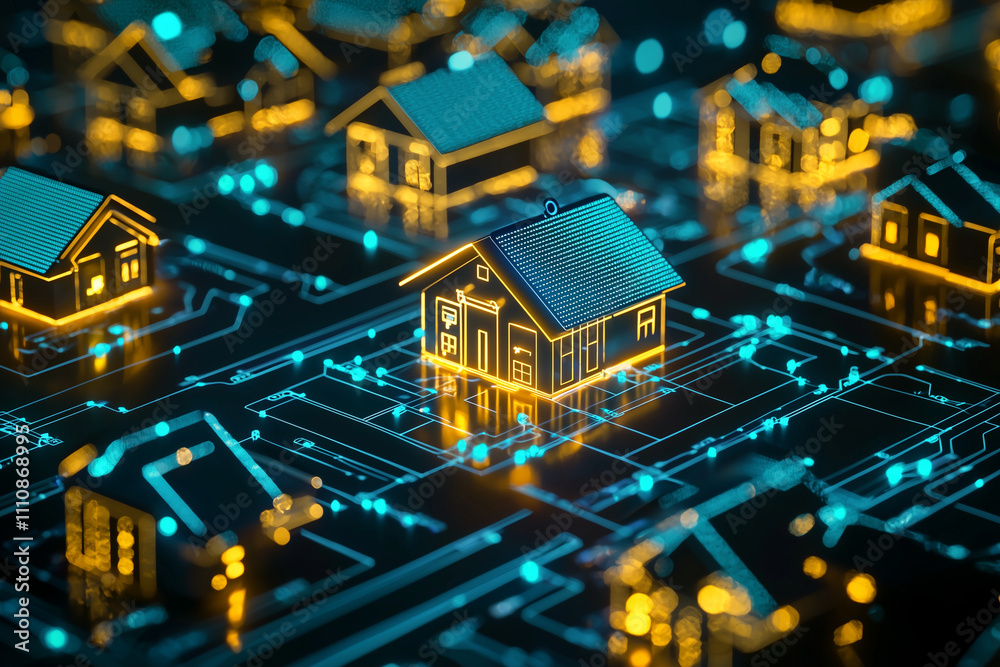 Obraz premium Smart homes illuminated with holographic visuals showcase advanced technology and connectivity, creating futuristic urban landscape filled with innovation and design