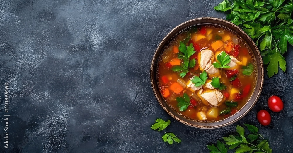 Vegetable Soup with Chicken Fillet. AI generated illustration. Vegetable Soup with Chicken Fillet. AI generated illustration.