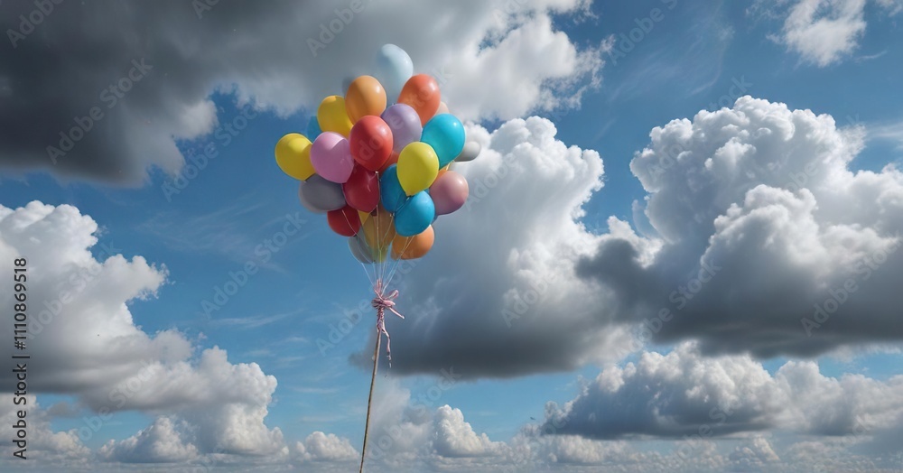 Fototapeta premium A bunch of colorful balloons tied to a wooden stick floating in the air against a clear blue sky with dark gray clouds , serene, clear