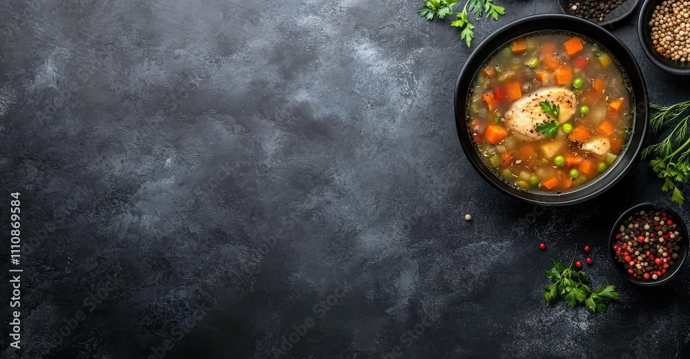 Vegetable Soup with Chicken Fillet. AI generated illustration. Vegetable Soup with Chicken Fillet. AI generated illustration.