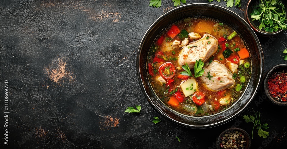 Vegetable Soup with Chicken Fillet. AI generated illustration. Vegetable Soup with Chicken Fillet. AI generated illustration.