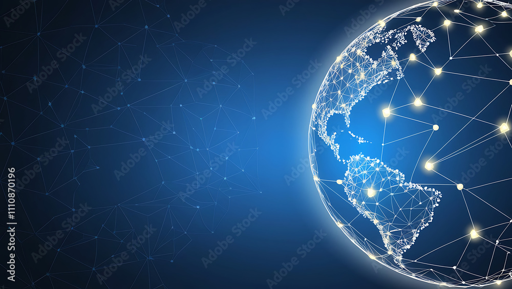 Naklejka premium Networked Globe Symbolizing Global Connectivity and Technology background, Digital globe with network connections copy space, Networked Globe blue background, blue background copy space