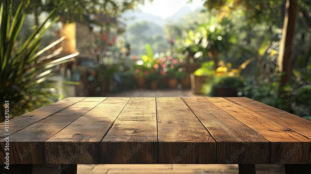 Wooden Tabletop Against A Lush Garden Background Wooden Tabletop Against A Lush Garden Background