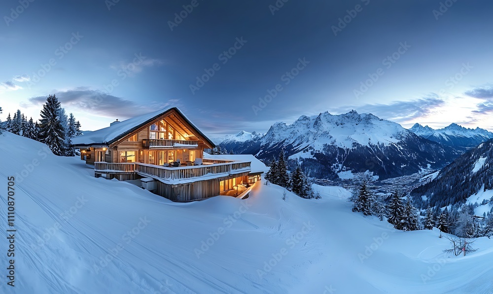 Naklejka premium Panoramic view of a ski chalet in the mountains, perfect for winter and travel photography, Generative Ai 