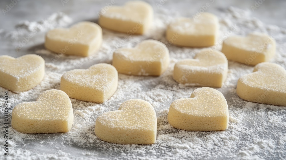 Heart-shaped cookies dusted with flour on marble surface Heart-shaped cookies dusted with flour on marble surface
