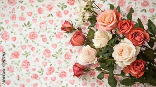 Colorful rose bouquet with diverse flowers on floral pattern background