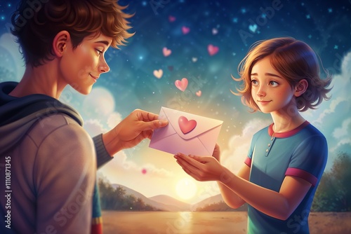 A boy gives a love letter confession to a girl in a cartoon-style image
