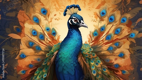 An illustration of a peacock dressed like a human. An imaginative depiction of a wild animal on an abstract backdrop. animal that is anthropomorphic.