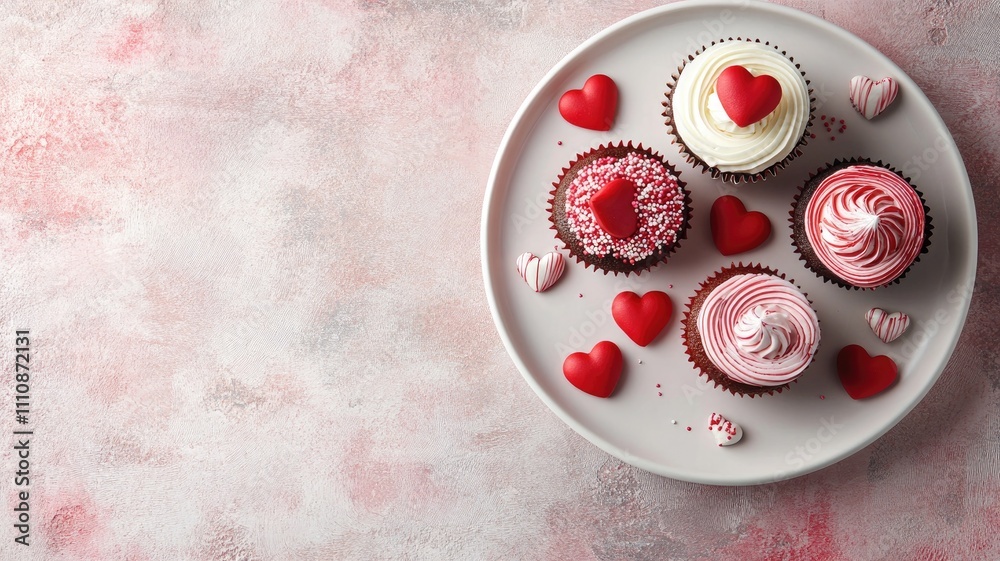Valentine's Day-themed cupcakes with red hearts and sprinkles on platter Valentine's Day-themed cupcakes with red hearts and sprinkles on platter