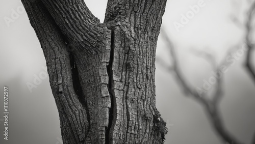 A close up of a tree trunk with a crack in it. photo