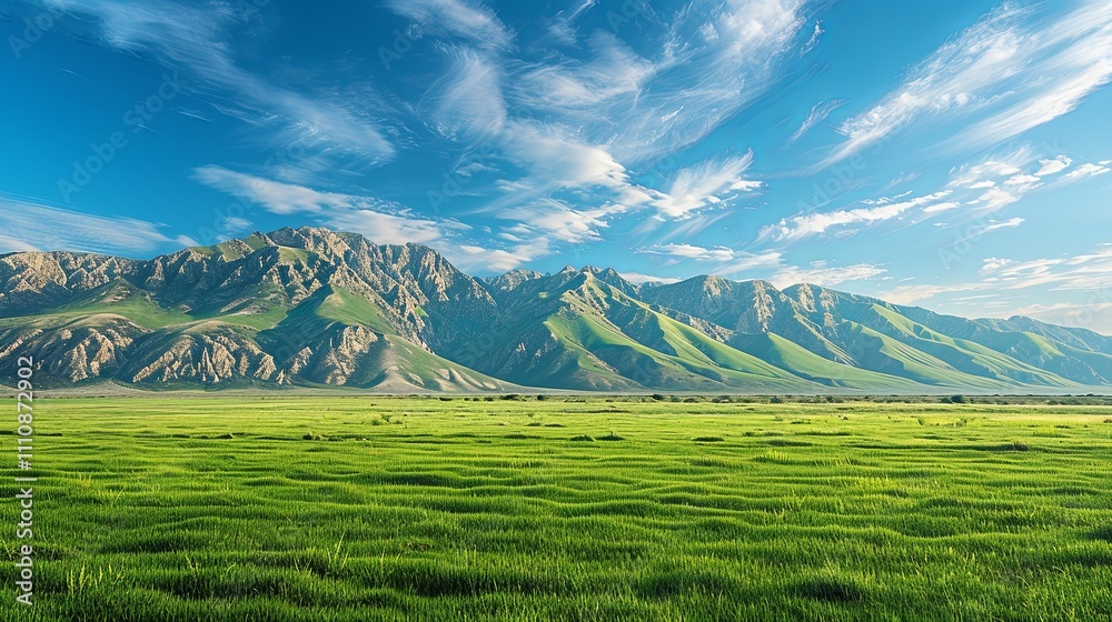 Serene Green Valley with Majestic Mountain Range Under a Blue Sky Serene Green Valley with Majestic Mountain Range Under a Blue Sky