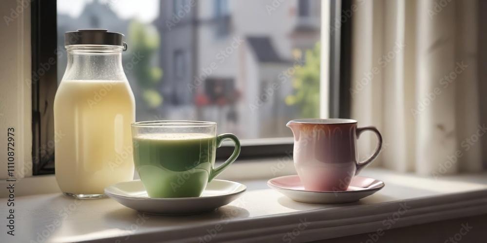 A colorful coffee cup with a saucer and a matching milk jug filled with cold milk on a sunny windowsill , beverage, morning