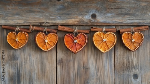 Dried orange slices and cinnamon sticks arranged in heart shapes on wooden background