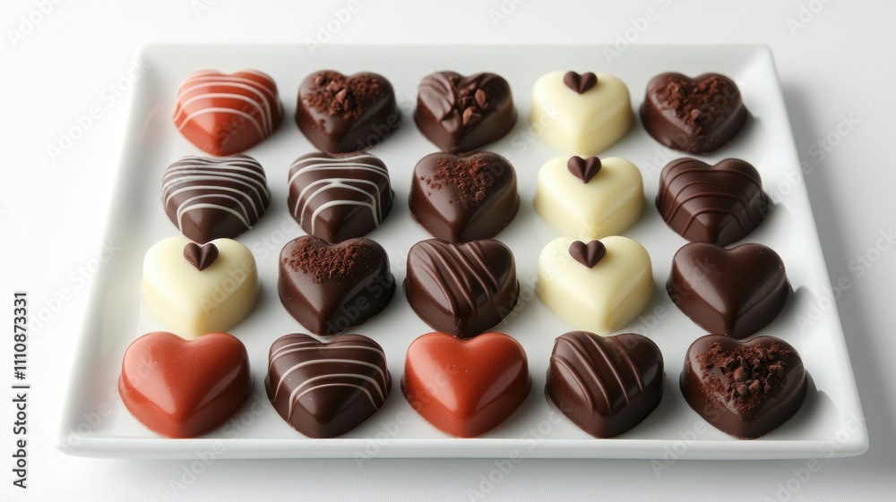 Assorted heart-shaped chocolates, various flavors, arranged on white plate Assorted heart-shaped chocolates, various flavors, arranged on white plate