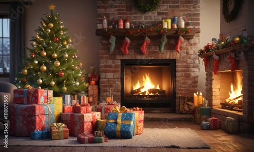 A cozy Christmas morning scene with presents wrapped in colorful paper and a warm fireplace, warm fireplace, holiday cheer, festive atmosphere