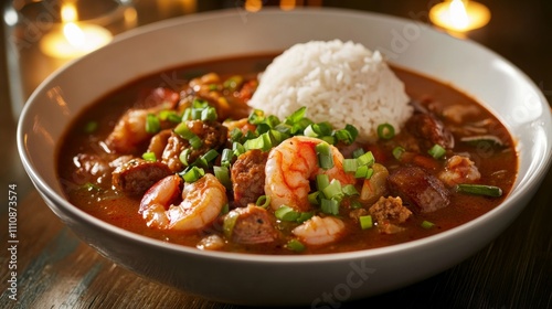 Photo of, A bowl of spicy seafood gumbo filled with shrimp, crab