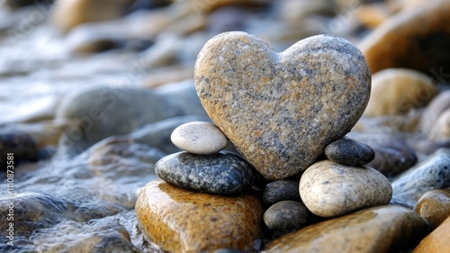 Heart-shaped stone and various pebbles on riverbed photo