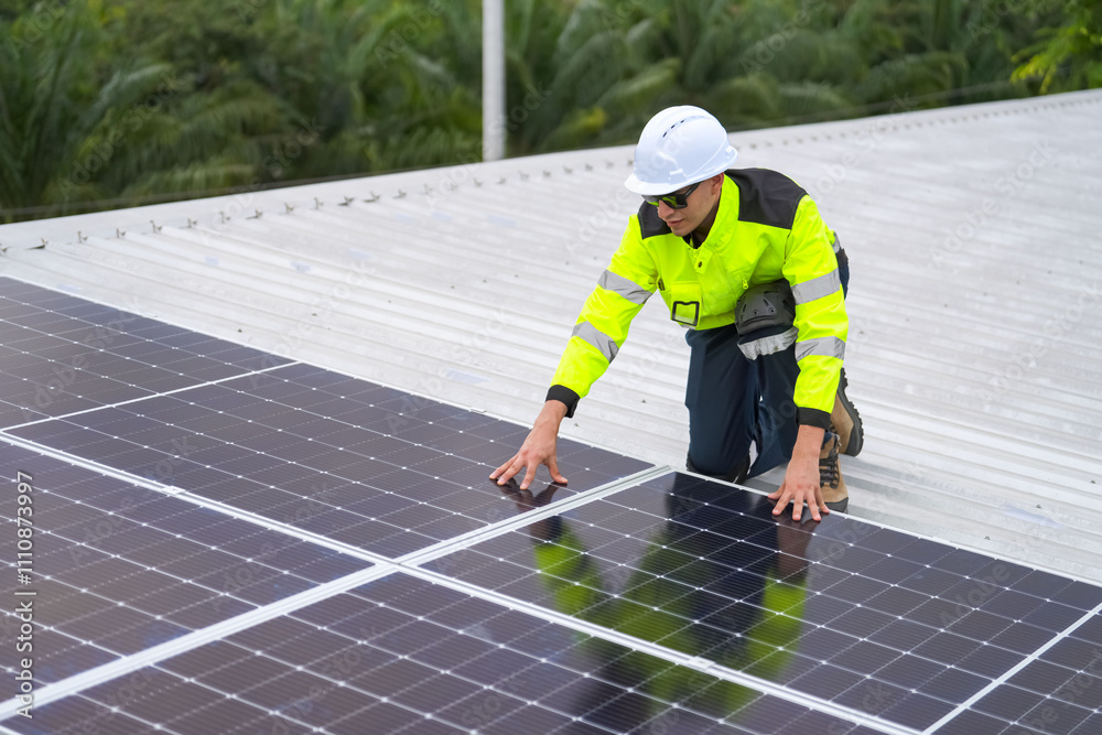 Men technicians mounting photovoltaic solar moduls on roof of house. Men technicians mounting photovoltaic solar moduls on roof of house.