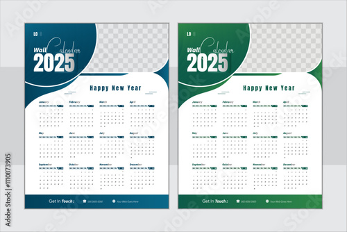 2025 Modern wall calendar design template, modern 12 month one page calendar design gradient color.