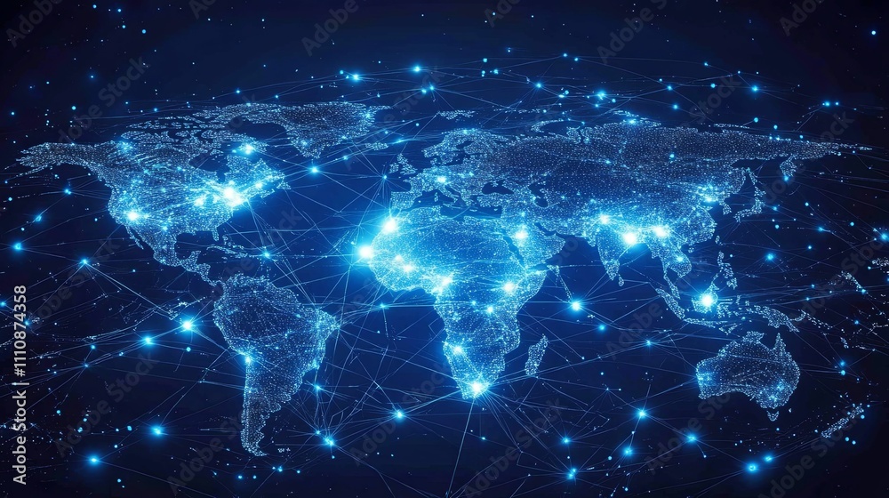 Obraz premium Global Network Connections Illuminating World Map