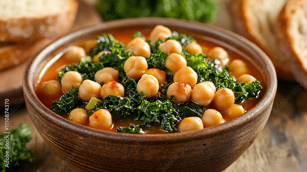 rustic bowl of chickpea and kale stew, filled with gut-friendly, high-fiber ingredients like leafy kale, chickpeas, and a spiced tomato broth rustic bowl of chickpea and kale stew, filled with gut-friendly, high-fiber ingredients like leafy kale, chickpeas, and a spiced tomato broth