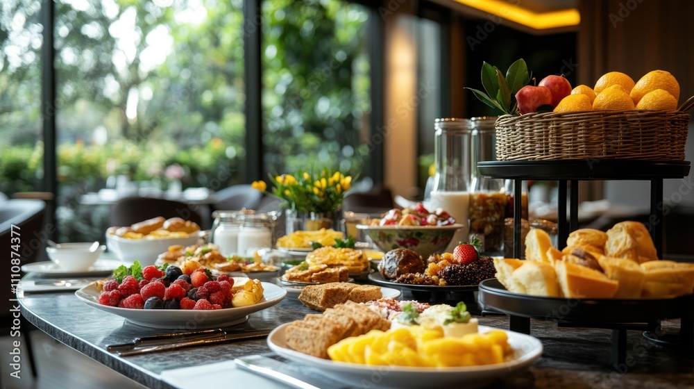 A table laden with a variety of breakfast foods, including fresh fruit, pastries, and eggs. A table laden with a variety of breakfast foods, including fresh fruit, pastries, and eggs.