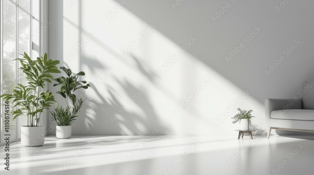 Bright modern design a tranquil indoor space with greenery and soft shadows Bright modern design a tranquil indoor space with greenery and soft shadows