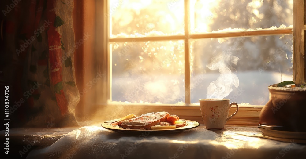 Cozy Plate of Food with Steaming Cup in Winter Sunlight. AI generated illustration. Cozy Plate of Food with Steaming Cup in Winter Sunlight. AI generated illustration.