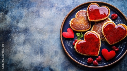 Heart-shaped pancakes covered in syrup, served with raspberries on blue plate