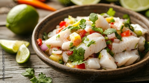 Photo of, A bowl of tangy ceviche made with fresh white fish, lime juice