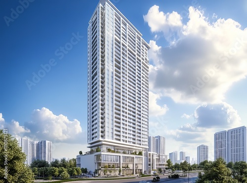 A high-quality photo of a modern,  high-rise apartment office building and architecture, featuring balconies against a bright blue sky with white clouds and greenery on its balconies.