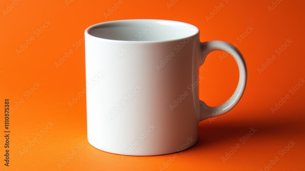 A simple white mug is placed against a vibrant orange background, showcasing its clean design and potential for personalization. A simple white mug is placed against a vibrant orange background, showcasing its clean design and potential for personalization.