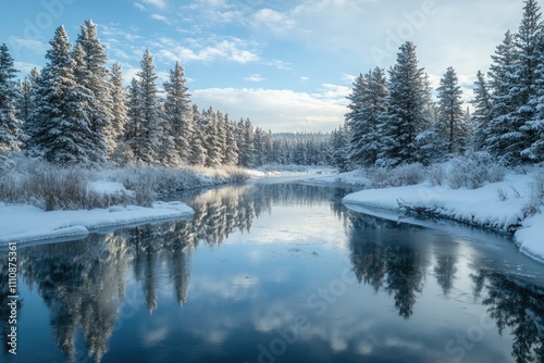 Snowy pine forest reflecting on calm river in winter